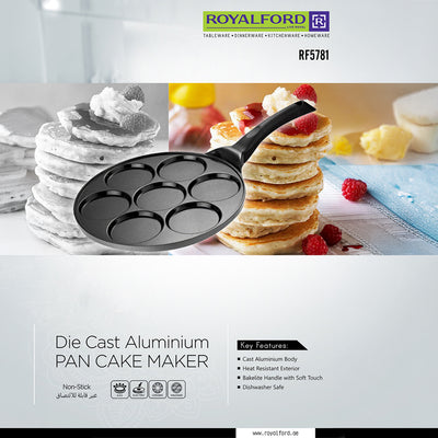 Royalford RF5781 Die-Cast Aluminium Pancake Maker | 7-Cup Non-Stick Pancake Pan | Heat-Resistant Exterior| Bakelite Soft-Touch Handle| Easy Cleaning & Dishwasher-Safe