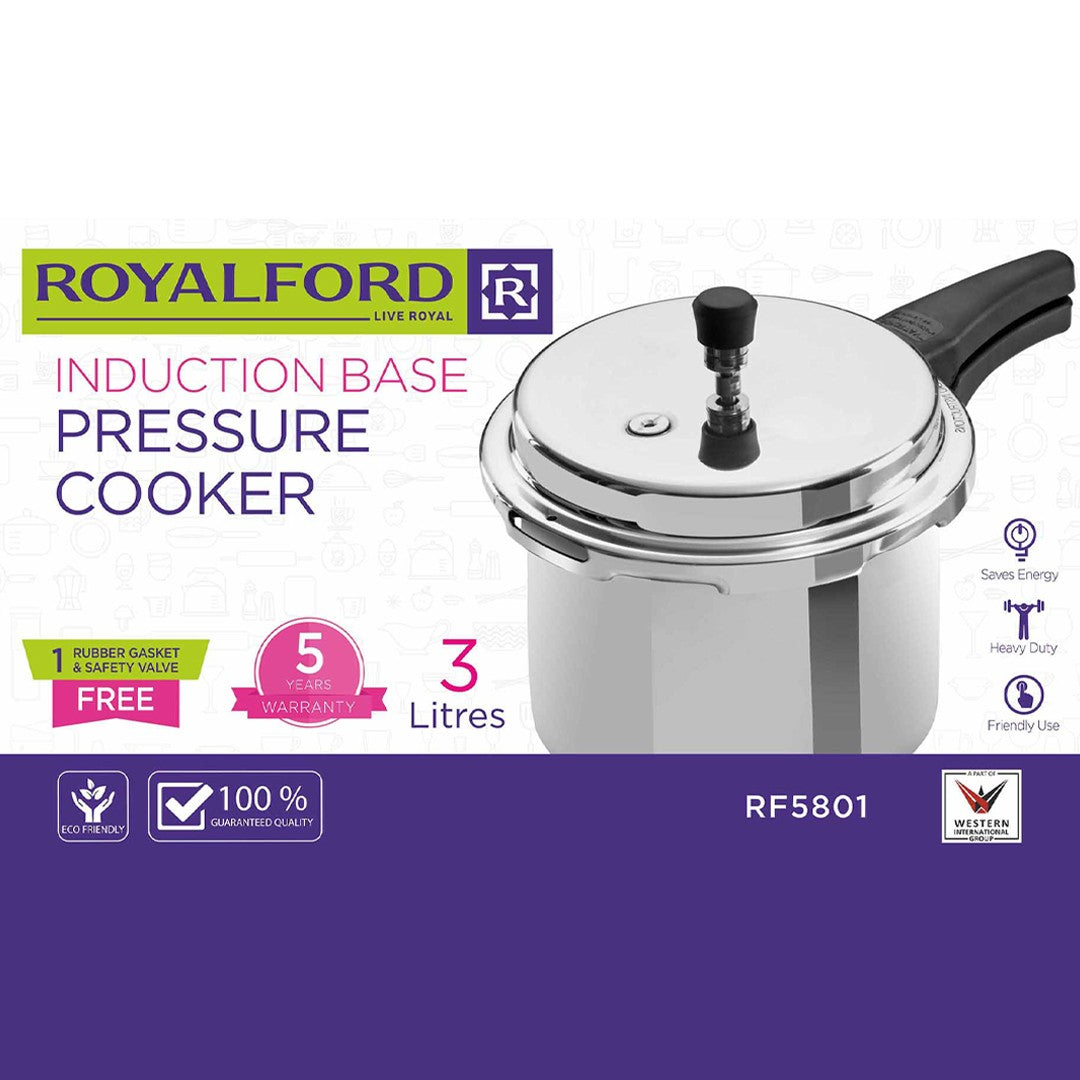 Royalford RF5801 3 Litre Pressure Cooker | Induction Base | Durable Aluminium Body| Uniform Heating | Safety Valve | Free Gasket | Ergonomic Heat-Resistant Handle