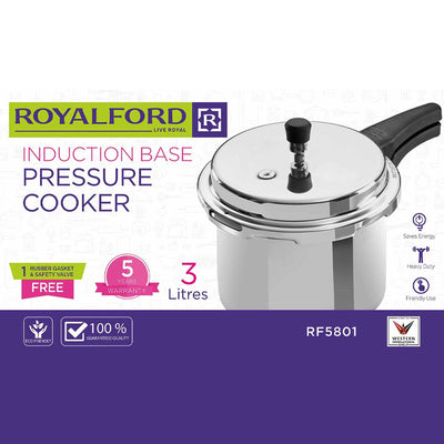 Royalford RF5801 3 Litre Pressure Cooker | Induction Base | Durable Aluminium Body| Uniform Heating | Safety Valve | Free Gasket | Ergonomic Heat-Resistant Handle