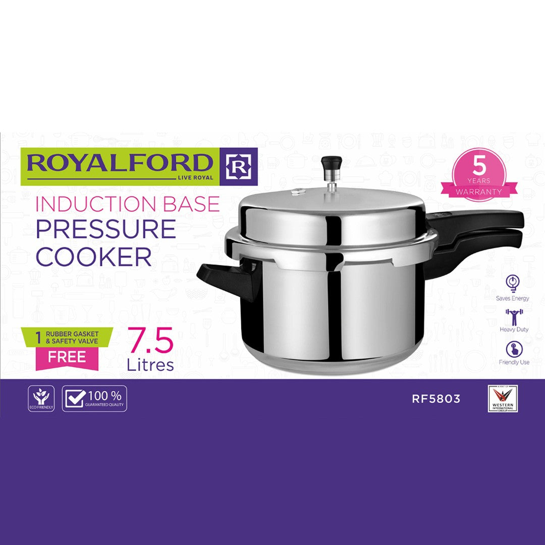 Royalford RF5803 7.5L Induction Base Pressure Cooker | Heavy Duty Aluminium Pressure Cooker with Safety Valve & Free Gasket| Energy Saving Design | 5 Year Warranty