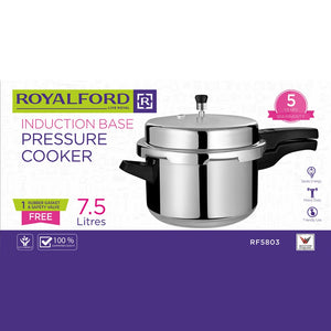 Royalford RF5803 7.5L Induction Base Pressure Cooker | Heavy Duty Aluminium Pressure Cooker with Safety Valve & Free Gasket| Energy Saving Design | 5 Year Warranty