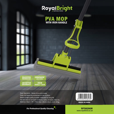 Royalford RF5828GR PVA Mop with Iron Handle | 10X High Absorbency Squeeze Floor Cleaning Mop |  Long 116cm Iron Handle  | Scratch-Free & Multi-Surface Cleaning Use