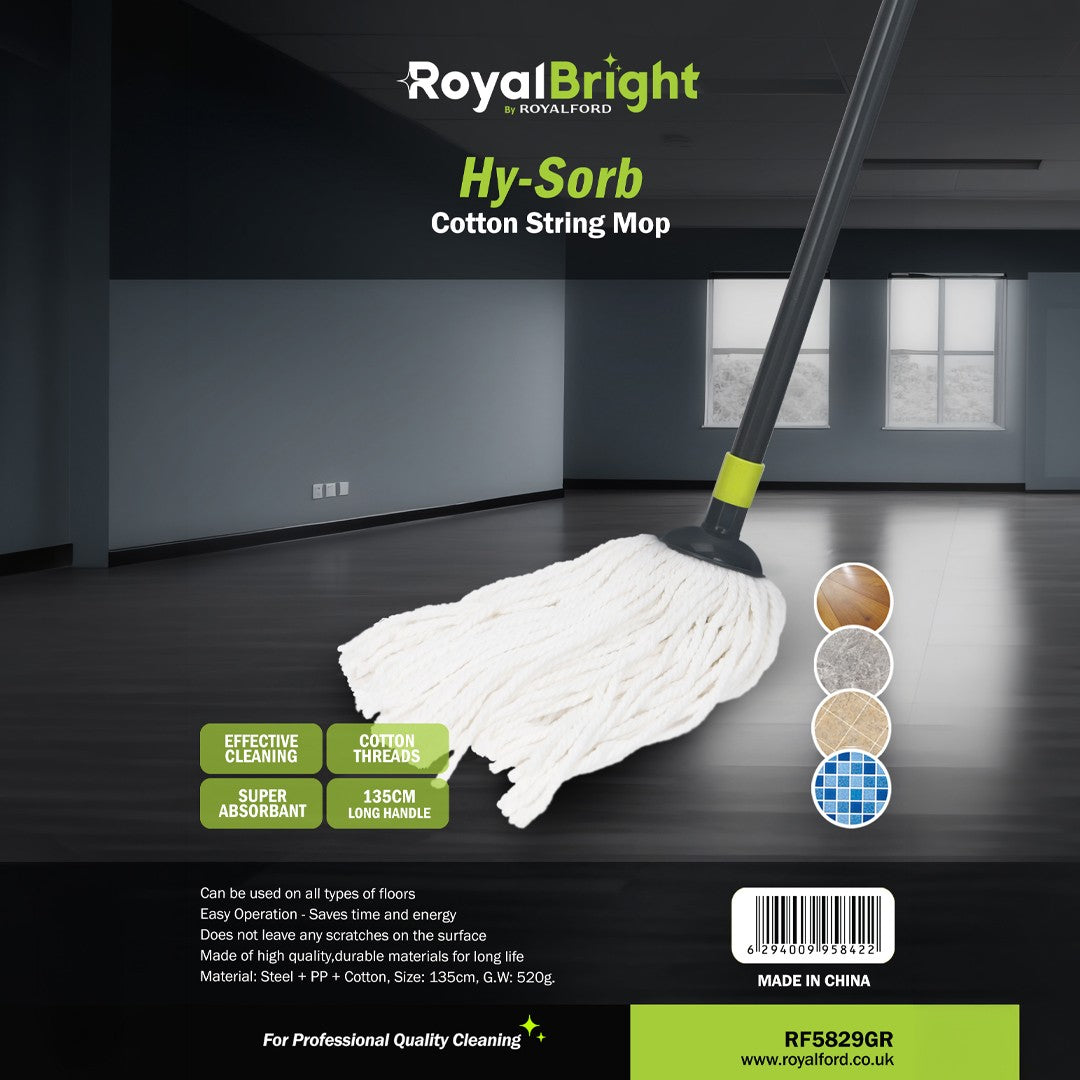 Royalford RF5829GR Hy-Sorb Cotton String Mop 135cm | Super Absorbent Cotton Thread Floor Mop | Long Steel Handle for Tile, Marble, Wood & Multi-Surface Cleaning
