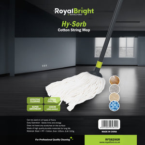 Royalford RF5829GR Hy-Sorb Cotton String Mop 135cm | Super Absorbent Cotton Thread Floor Mop | Long Steel Handle for Tile, Marble, Wood & Multi-Surface Cleaning