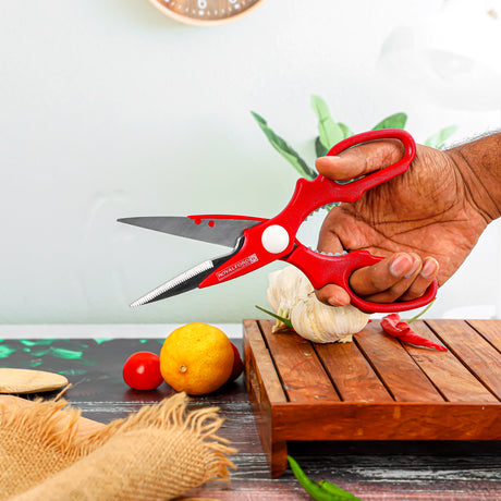 Royalford RF5839 kitchen scissors| stainless steel blades with ergonomic grip and multipurpose design| ideal for cutting meat, vegetables, herbs, packaging and more use|