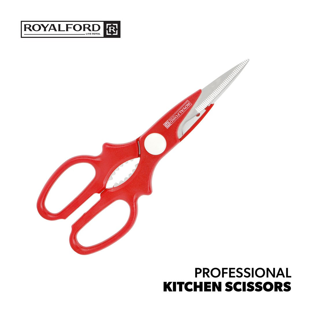 Royalford RF5839 kitchen scissors| stainless steel blades with ergonomic grip and multipurpose design| ideal for cutting meat, vegetables, herbs, packaging and more use|