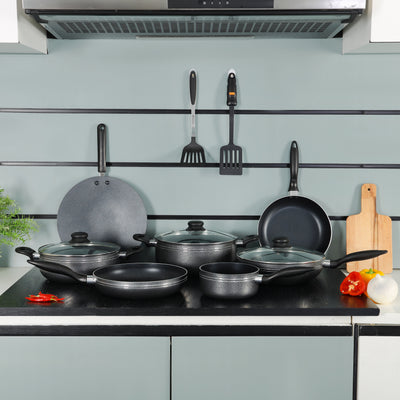 Royalford 12pcs non-stick cookware set RF5858– includes casseroles, frypans, saucepans & utensils. Durable, easy to clean & perfect for all stovetops