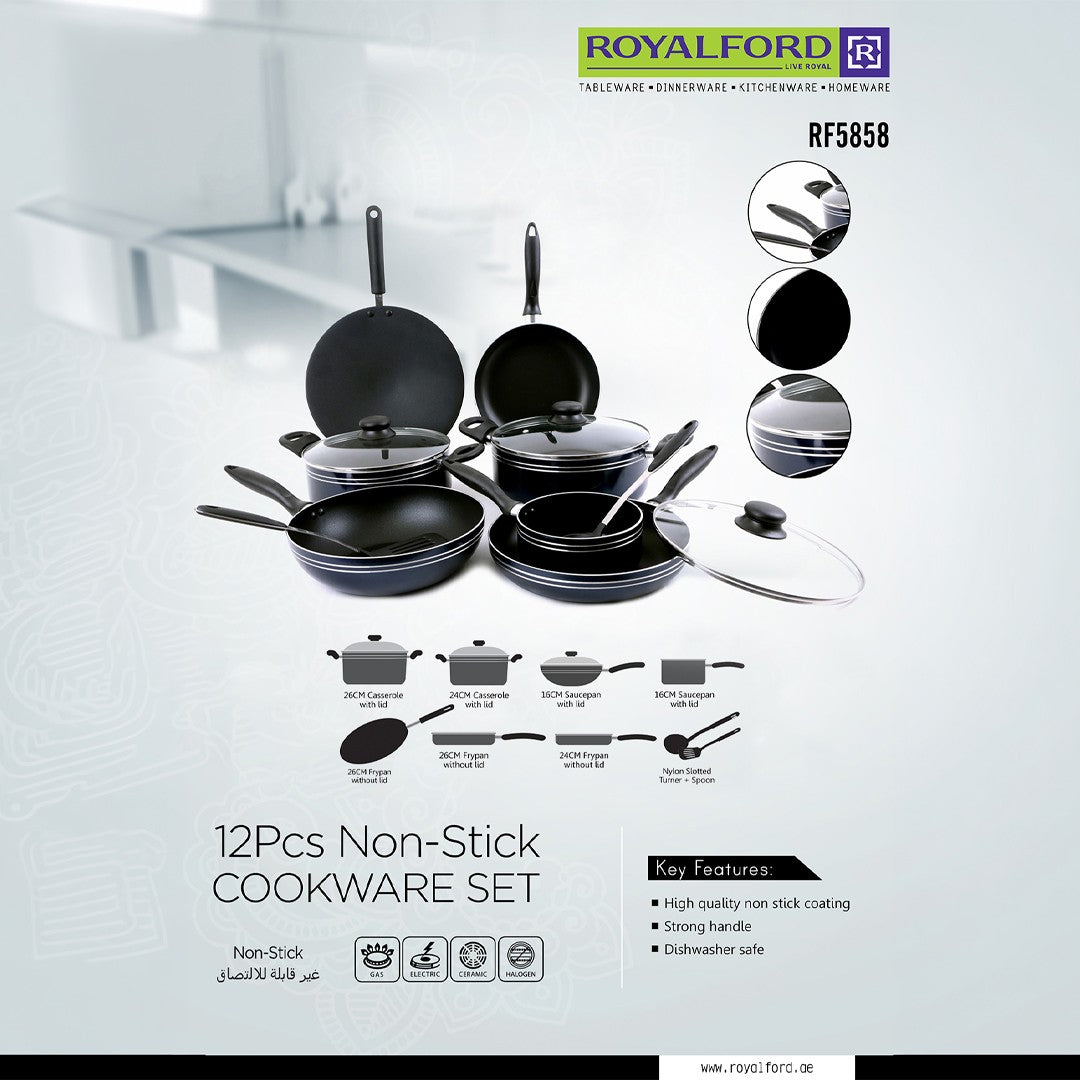 Royalford RF5858 12 Pcs Non Stick Cookware Set with Lids Frypans Saucepans and Nylon Utensils | Dishwasher Safe | Compatible with Gas, Electric, and Halogen Stoves