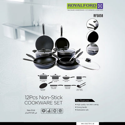Royalford RF5858 12 Pcs Non Stick Cookware Set with Lids Frypans Saucepans and Nylon Utensils | Dishwasher Safe | Compatible with Gas, Electric, and Halogen Stoves