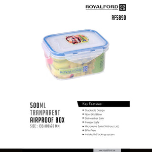 Royalford RF5890 500ML airtight food storage box | BPA-free transparent container with 4-side locking lid| freezer, microwave safe without lid, dishwasher safe|