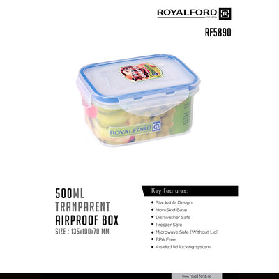 Royalford RF5890 500ML airtight food storage box | BPA-free transparent container with 4-side locking lid| freezer, microwave safe without lid, dishwasher safe|