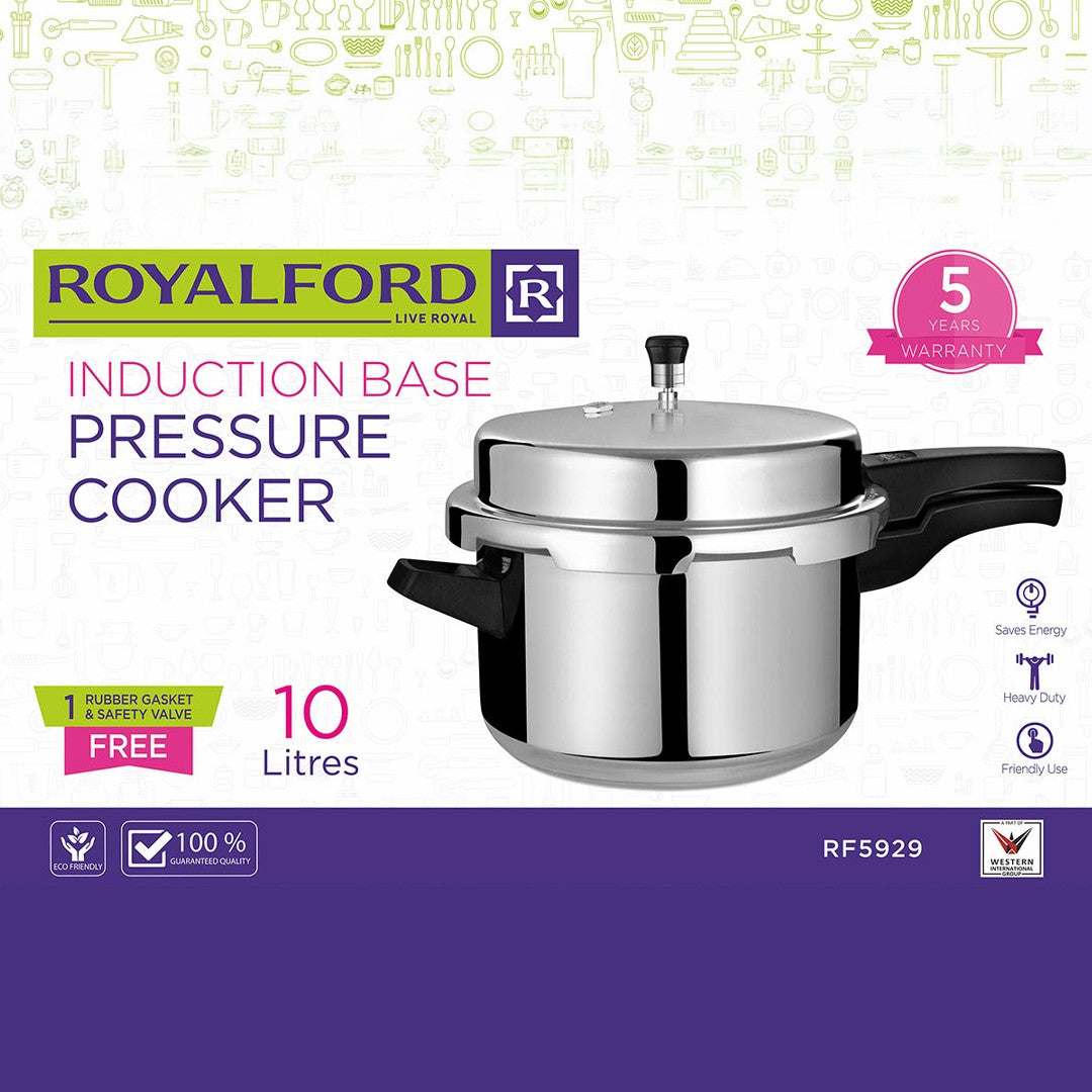 Royalford RF5929 10 Litre Induction Base Pressure Cooker | Safety Valve | Heavy-Duty Aluminium Body | Energy Saving Design and Reliable Heavy Duty Pressure Cooker