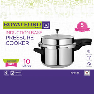 Royalford RF5929 10 Litre Induction Base Pressure Cooker | Safety Valve | Heavy-Duty Aluminium Body | Energy Saving Design and Reliable Heavy Duty Pressure Cooker