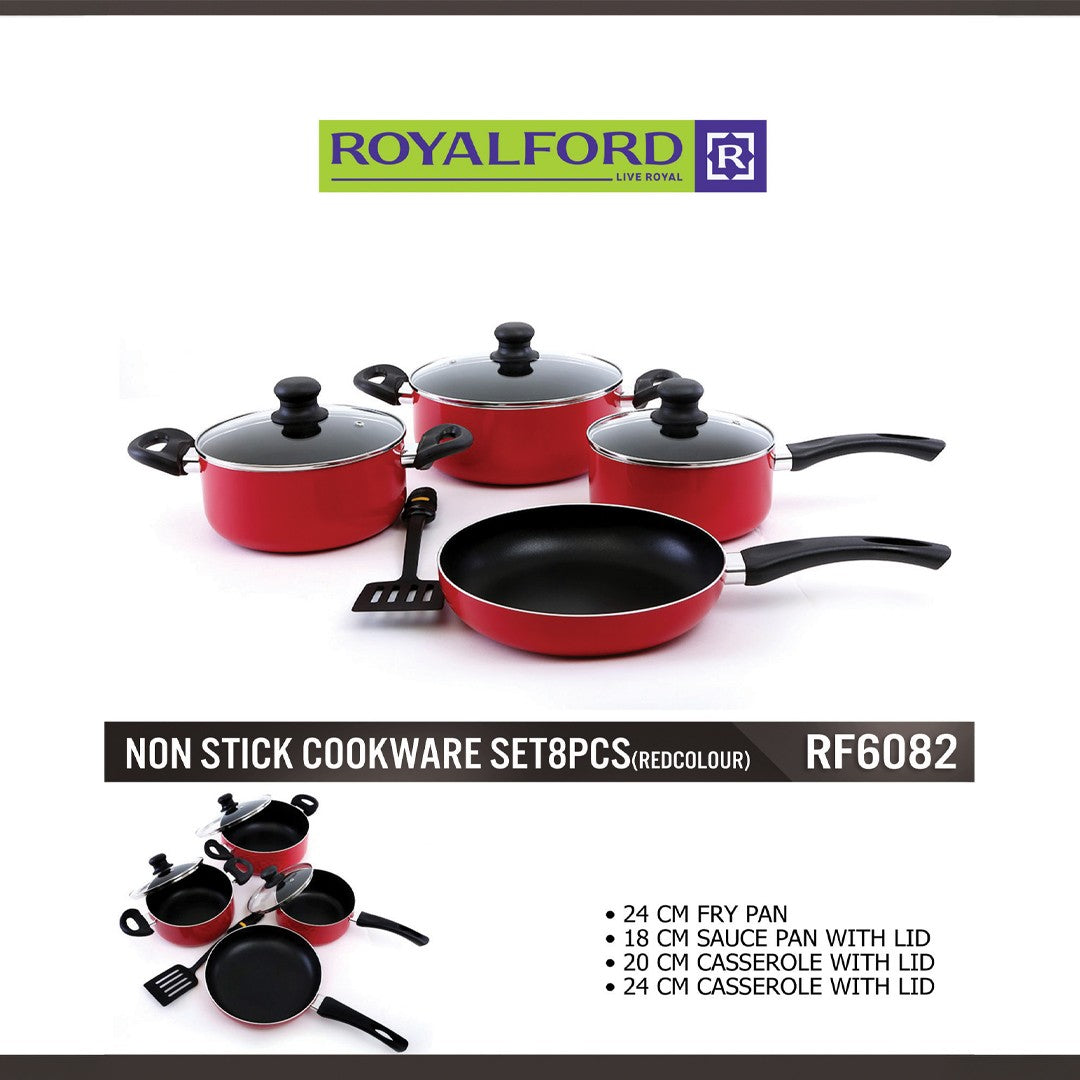 Royalford RF6082 8-Piece Non-Stick Cookware Set | Glass Lids| 24cm Frypan| 18cm Saucepan| 20cm & 24cm Casseroles| Durable Aluminium  Set for Daily Healthy Cooking