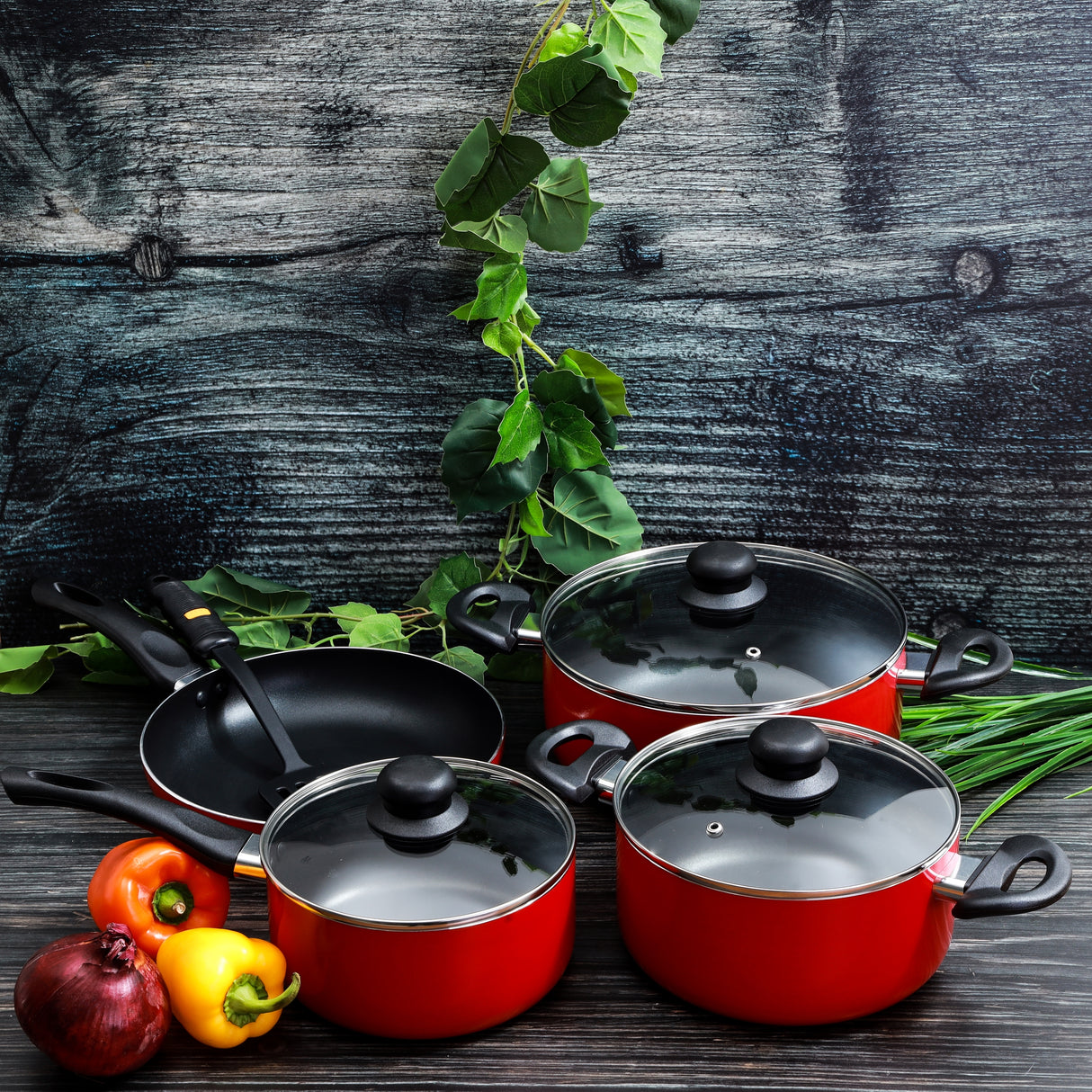 Royalford RF6082 8 Pcs Aluminum Non-Stick Cookware Set - Scratch Resistant, Tempered Glass Lids, 2.5MM Body Thickness, Bakelite Knobs, and CD Bottom