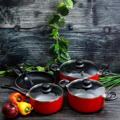 Royalford RF6082 8 Pcs Aluminum Non-Stick Cookware Set - Scratch Resistant, Tempered Glass Lids, 2.5MM Body Thickness, Bakelite Knobs, and CD Bottom