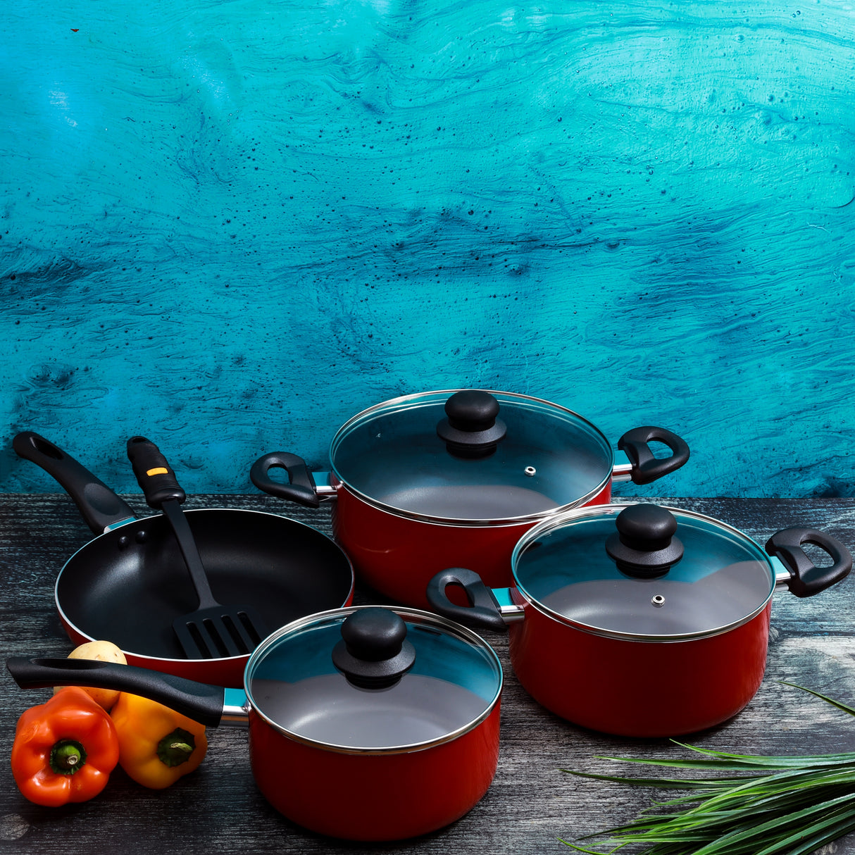Royalford RF6082 8 Pcs Aluminum Non-Stick Cookware Set - Scratch Resistant, Tempered Glass Lids, 2.5MM Body Thickness, Bakelite Knobs, and CD Bottom