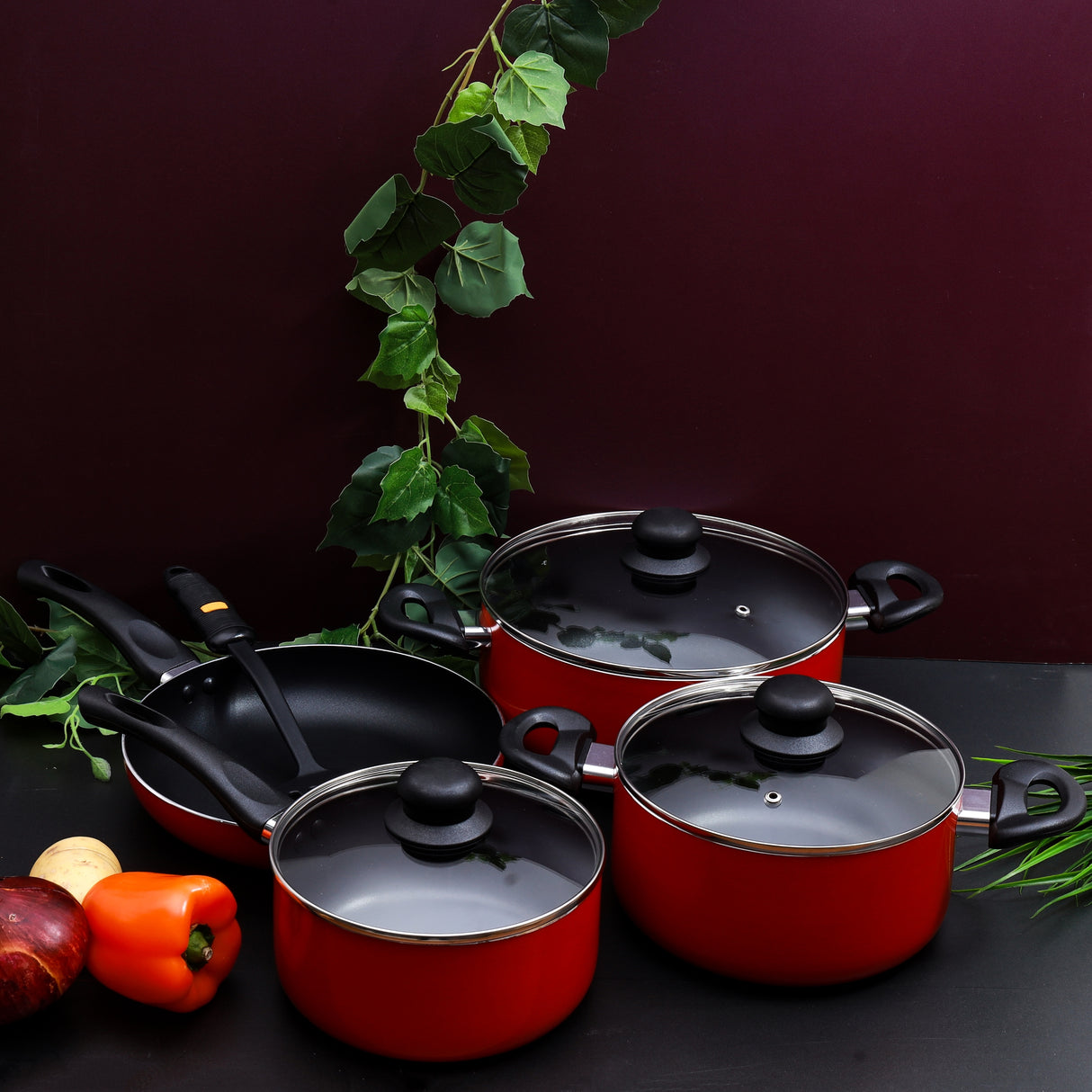 Royalford RF6082 8 Pcs Aluminum Non-Stick Cookware Set - Scratch Resistant, Tempered Glass Lids, 2.5MM Body Thickness, Bakelite Knobs, and CD Bottom