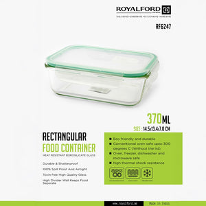 Royalford RF6247 Glass Food Container 370ml| airtight, spill-proof lid & Made from durable borosilicate glass| oven safe up to 300°C, microwave & dishwasher safe|
