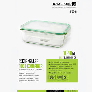 Royalford RF6249 Rectangular Borosilicate Glass Food Container 1040ML | Airtight Leakproof Lunch Box |  Microwave, Freezer & Dishwasher Safe Glass Food Storage Container