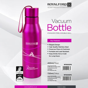 Royalford RF6605PN  Stainless Steel Vacuum Bottle | 450ml Capacity |  Double Wall Insulated Hot & Cold Flask | 304 Steel Inner | Leak Resistant Lid & Carry Strap