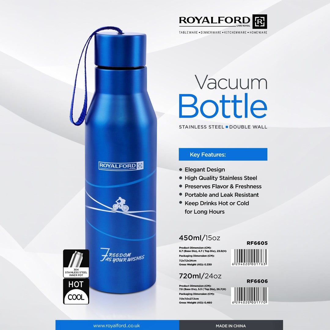 Royalford RF6605 Stainless Steel Vacuum Bottle 450ml | Double Wall Insulated Hot & Cold Flask | 304 Steel Inner|Leak Resistant Lid & Carry Strap|Durable & Rust-Resistant