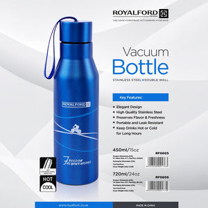 Royalford RF6605 Stainless Steel Vacuum Bottle 450ml | Double Wall Insulated Hot & Cold Flask | 304 Steel Inner|Leak Resistant Lid & Carry Strap|Durable & Rust-Resistant