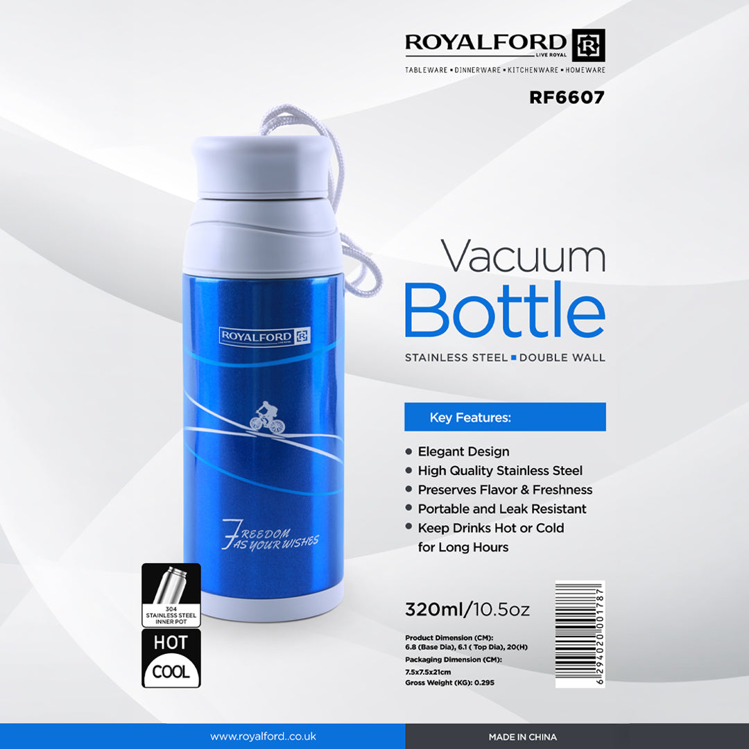 Royalford RF6607 320ml Stainless Steel Vacuum Bottle | 304 Inner| Double Wall Insulated Hot & Cold Flask | Leak Resistant Travel Bottle with Strap for Office & School Use