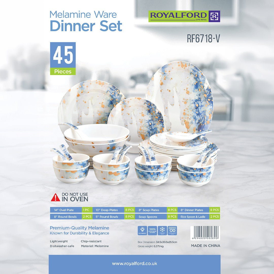 Royalford RF6718 45-Piece Melamine Dinner Set | Elegant Blue & Gold Design | Chip-Resistant | Lightweight Dinnerware| Food Grade Premium Tableware for Home Dining