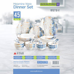 Royalford RF6718 45-Piece Melamine Dinner Set | Elegant Blue & Gold Design | Chip-Resistant | Lightweight Dinnerware| Food Grade Premium Tableware for Home Dining