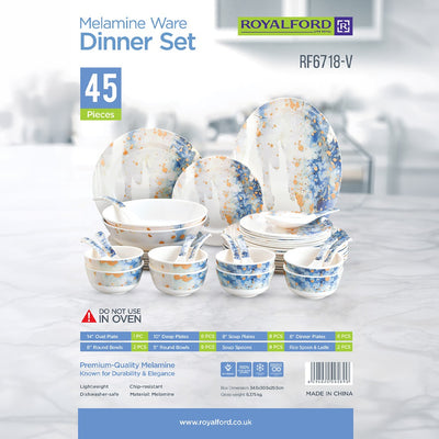 Royalford RF6718 45-Piece Melamine Dinner Set | Elegant Blue & Gold Design | Chip-Resistant | Lightweight Dinnerware| Food Grade Premium Tableware for Home Dining