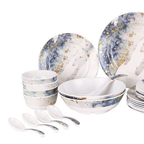 Royalford RF6718 45-Piece Melamine Dinner Set | Elegant Blue & Gold Design | Chip-Resistant | Lightweight Dinnerware| Food Grade Premium Tableware for Home Dining