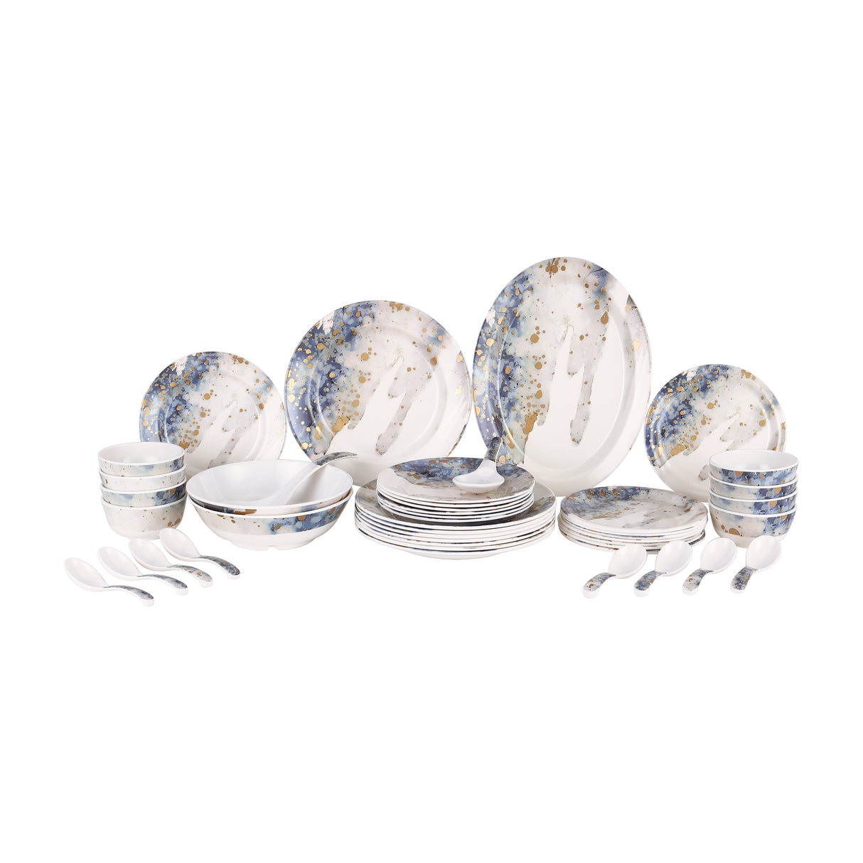 Royalford RF6718 45-Piece Melamine Dinner Set | Elegant Blue & Gold Design | Chip-Resistant | Lightweight Dinnerware| Food Grade Premium Tableware for Home Dining