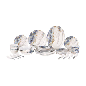 Royalford RF6718 45-Piece Melamine Dinner Set | Elegant Blue & Gold Design | Chip-Resistant | Lightweight Dinnerware| Food Grade Premium Tableware for Home Dining