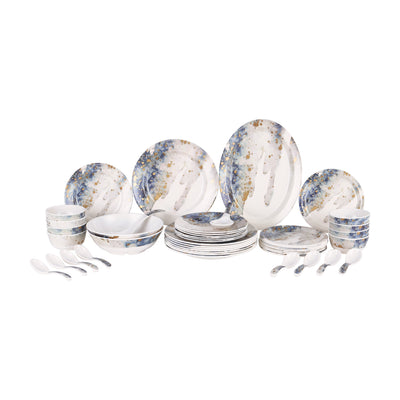 Royalford RF6718 45-Piece Melamine Dinner Set | Elegant Blue & Gold Design | Chip-Resistant | Lightweight Dinnerware| Food Grade Premium Tableware for Home Dining