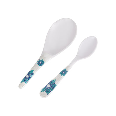 Royalford RF6720 Melamine Dinner Set 40 PCS | Stylish Blue Floral Pattern | Break & Stain Resistant Plates, Bowls, Spoons & Serving Ware | Complete Family Tableware Set