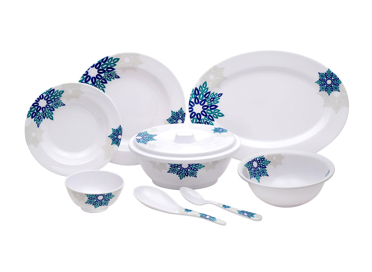 Royalford RF6720 Melamine Dinner Set 40 PCS | Stylish Blue Floral Pattern | Break & Stain Resistant Plates, Bowls, Spoons & Serving Ware | Complete Family Tableware Set