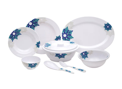 Royalford RF6720 Melamine Dinner Set 40 PCS | Stylish Blue Floral Pattern | Break & Stain Resistant Plates, Bowls, Spoons & Serving Ware | Complete Family Tableware Set
