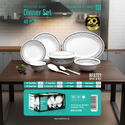 Royalford RF6721 Melamine Ware 40 PCS Dinner Set | Elegant Design | Durable Break-Resistant Tableware | Includes Plates, Bowls, Spoons, Oval Dish & Serving Bowl