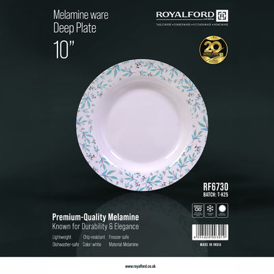Royalford RF6730 10-inch melamine deep plate| durable floral design, lightweight & chip-resistant| dishwasher & freezer safe, for serving soups, pasta, & meals|
