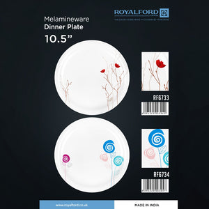 Royalford RF6733 10.5" Melamine Dinner Plate| durable and break-resistant build with elegant floral design| lightweight feel and perfect for daily serving meals|