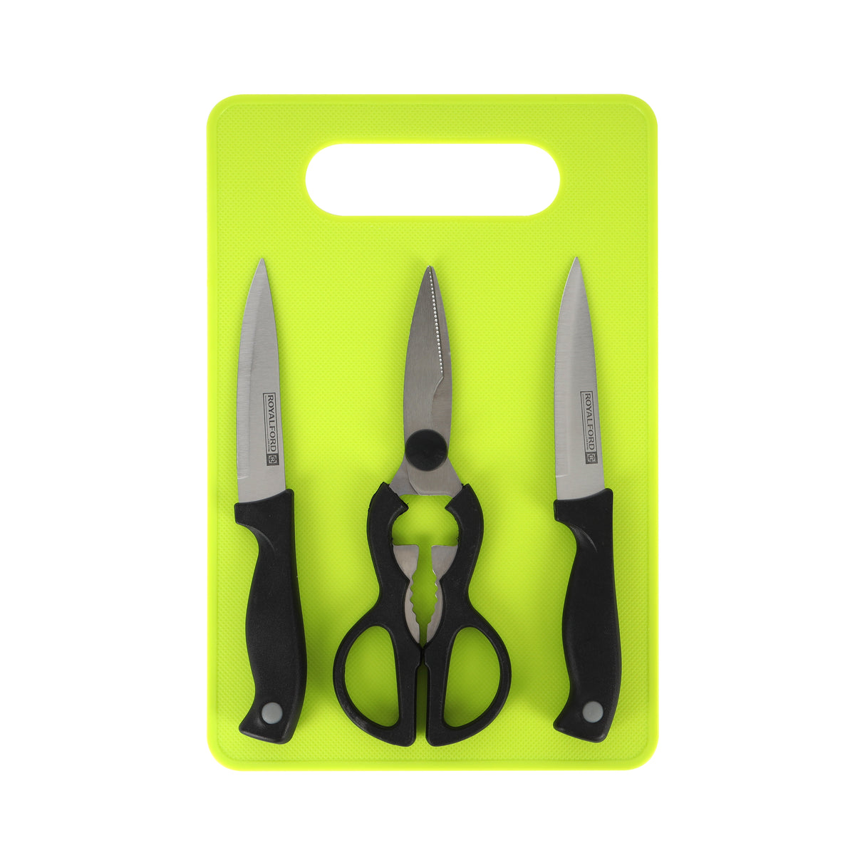 Royalford RF6968 Kitchen Gadget Set | 4PCS Stainless Steel Knife Set with Kitchen Scissors and Cutting Board | Multipurpose Kitchen Tools for Cutting, Chopping & Slicing