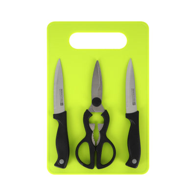 Royalford RF6968 Kitchen Gadget Set | 4PCS Stainless Steel Knife Set with Kitchen Scissors and Cutting Board | Multipurpose Kitchen Tools for Cutting, Chopping & Slicing