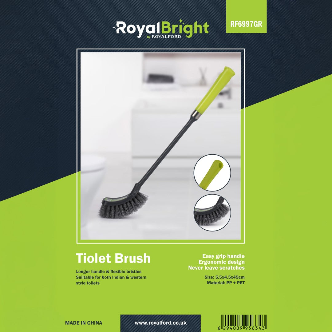 Royalford RF6997GR toilet brush with long handle| ergonomic grip, flexible bristles for deep cleaning| scratch-free, and durable PP+PET material, for all toilet|