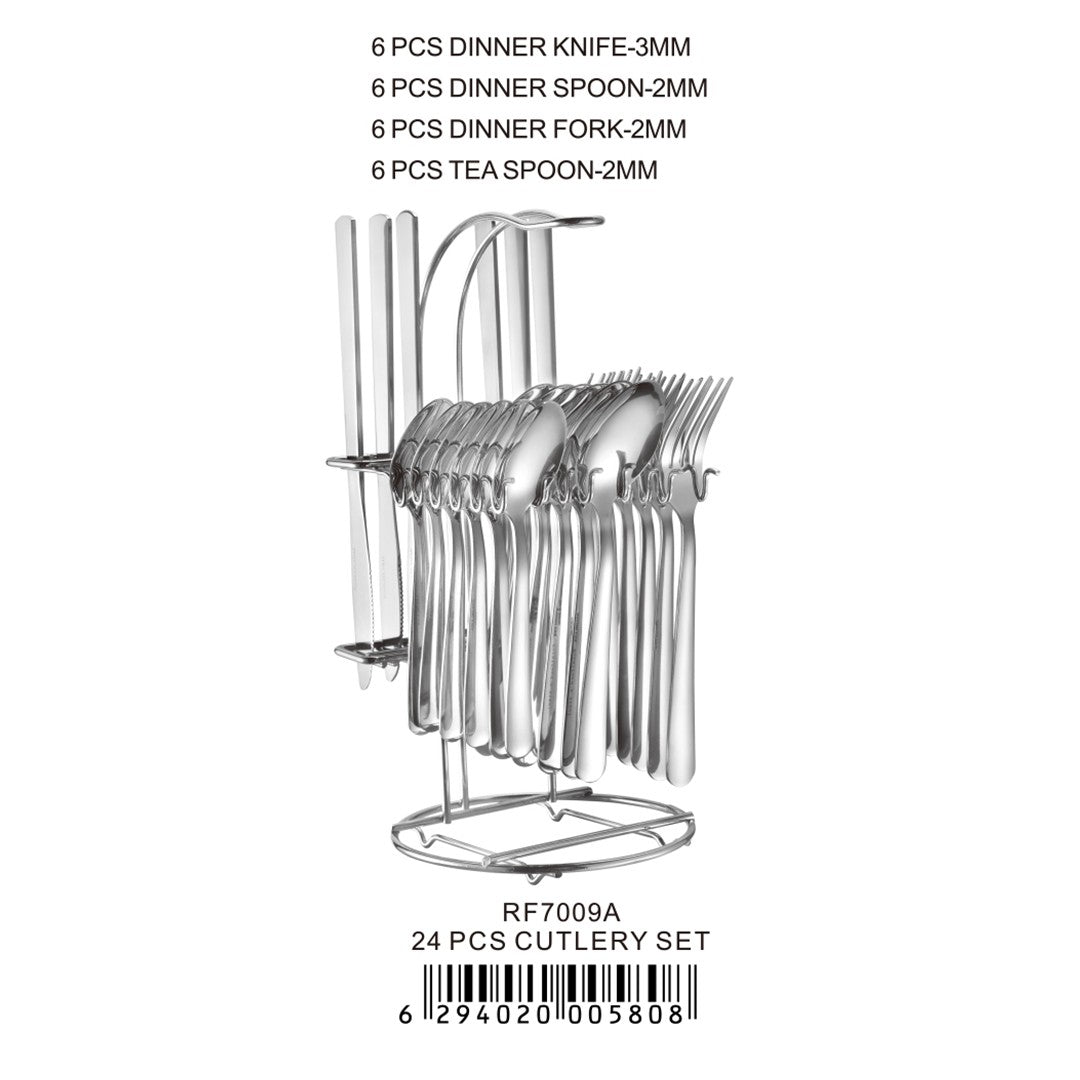 Royalford RF7009 25-piece stainless steel cutlery set with elegant stand | rust-resistant mirror finish, ergonomic design, durable build, perfect for everyday dining
