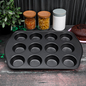 Royalford RF7042 12 Cup Muffin Pan | Non-Stick Baking Tray | Carbon Steel Cupcake & Muffin Tin with Even Heat Distribution | Durable Oven Safe Bakeware for Home Baking