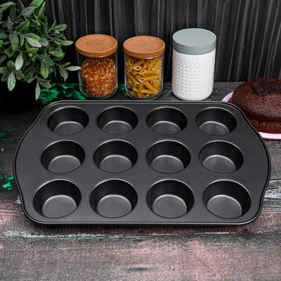 Royalford RF7042 12 Cup Muffin Pan | Non-Stick Baking Tray | Carbon Steel Cupcake & Muffin Tin with Even Heat Distribution | Durable Oven Safe Bakeware for Home Baking