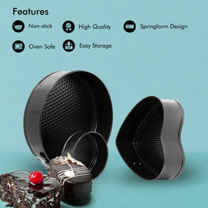 Royalford RF7046 3PCS Spring Form Set | Non-Stick| Oven Safe Bakeware | Round, Heart & Mini Cake Moulds for Perfect Cheesecakes, Baking & Easy Release Durable Design