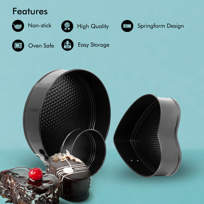 Royalford RF7046 3PCS Spring Form Set | Non-Stick| Oven Safe Bakeware | Round, Heart & Mini Cake Moulds for Perfect Cheesecakes, Baking & Easy Release Durable Design