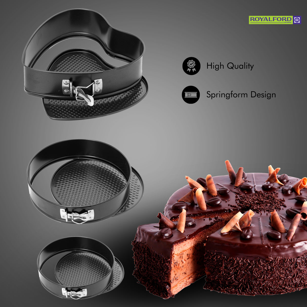 Royalford RF7046 3PCS Spring Form Set | Non-Stick| Oven Safe Bakeware | Round, Heart & Mini Cake Moulds for Perfect Cheesecakes, Baking & Easy Release Durable Design